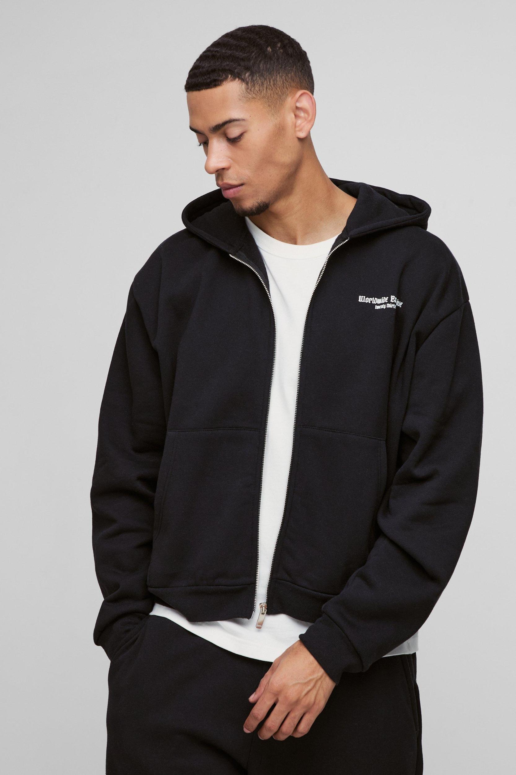 Oversized Boxy Zip Through Worldwide Graffiti Print Zip Through Hoodie | boohooMAN USA Product Image