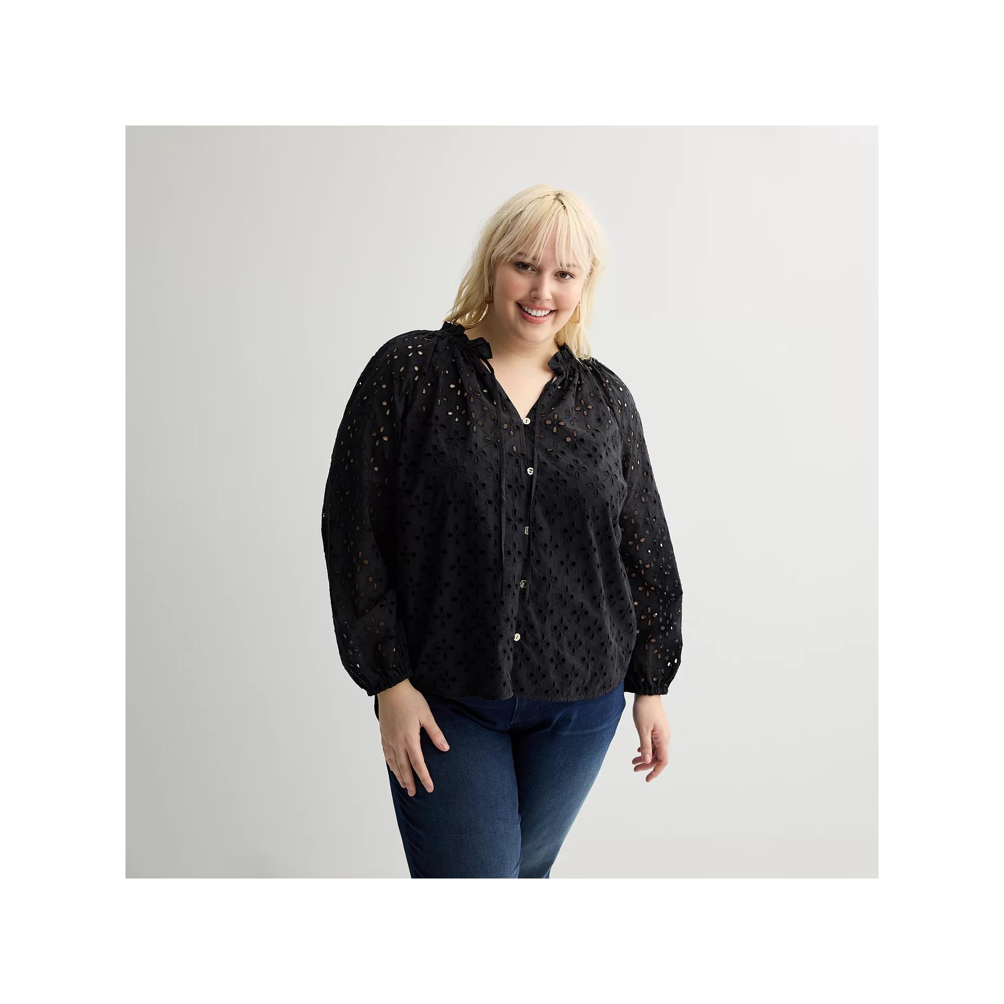 Plus Size Nine West Ruffle Collar Blouse, Women's, Size: 1XL, Mineral Black Product Image