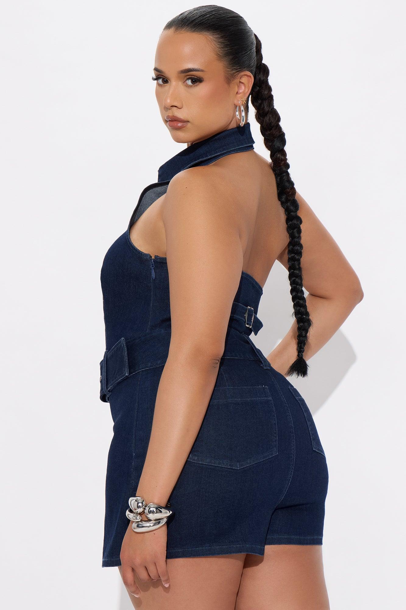 Kira Washed Denim Skort Romper - Dark Wash Product Image