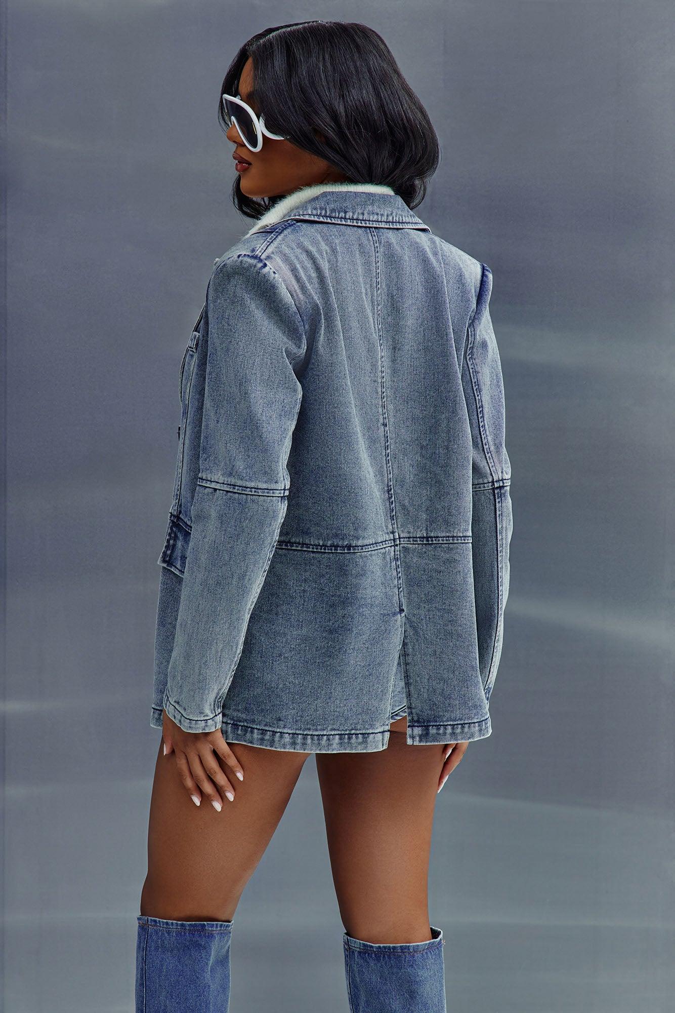 Got Your Mind Racing Denim Blazer - Grey Female Product Image