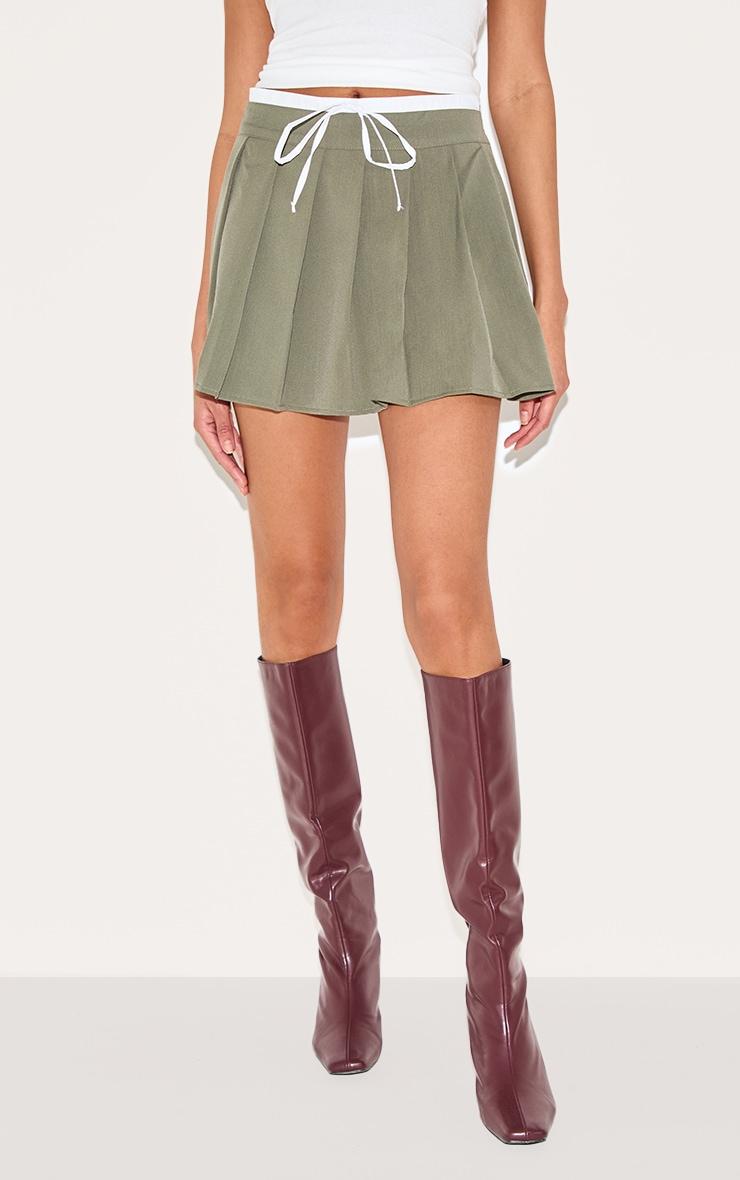  Khaki Drawstring Double Waistband Tailored Pleated Mini Skirt Product Image