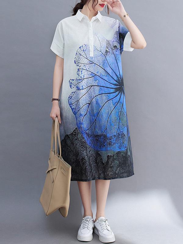 Artistic Retro Floral Printed Buttoned Lapel Collar Short Sleeves Midi Shirt Dress Product Image