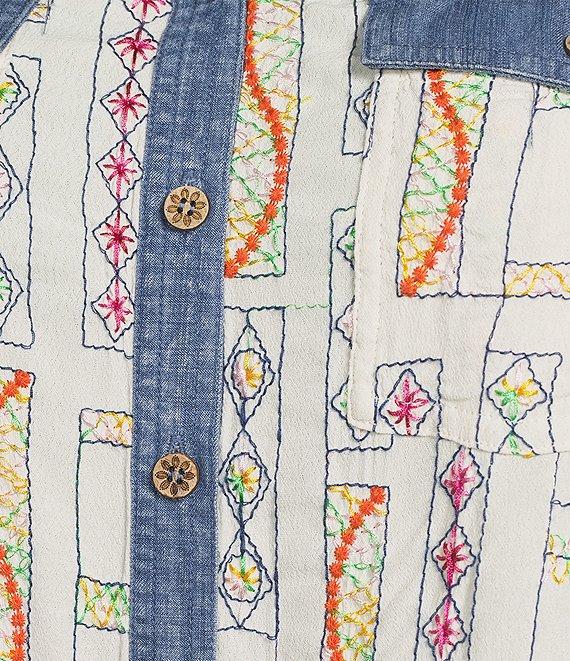 John Mark Plus Size Embroidered Floral Printed Point Collar Long Roll-Tab Sleeve Button Front Top Product Image