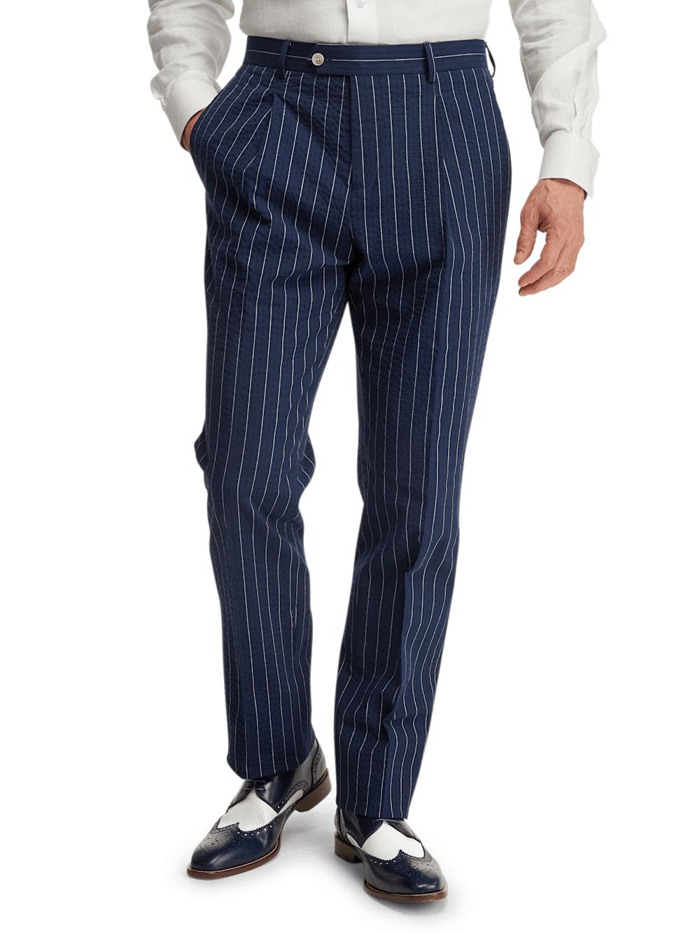 Cotton Stretch Pinstripe Seersucker Single Pleat Suit Pants - Navy Product Image