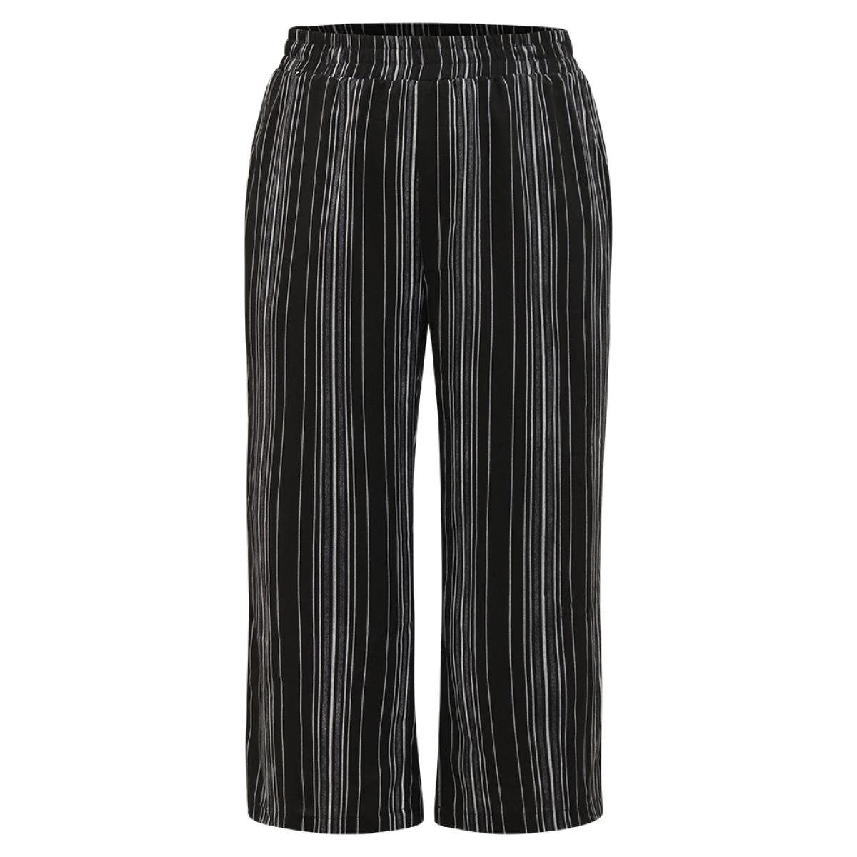 Plus Size Striped Elastic Waist Straight Leg Pants Women Black Casual Straight Leg High Rise Dailywear Pants BloomChic 22-24/3X Product Image