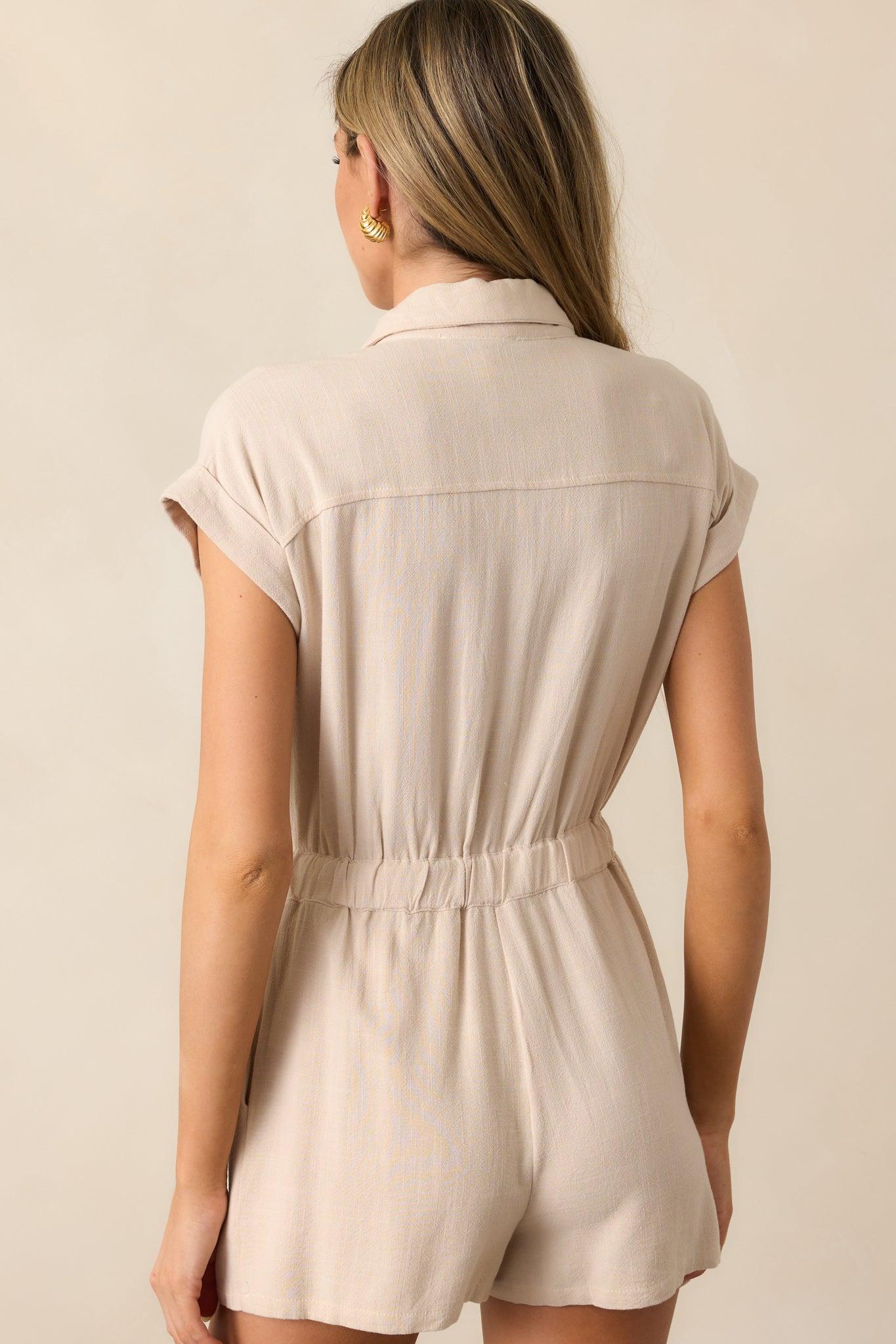 Dazzling Daybreak Taupe Button Front Romper Product Image