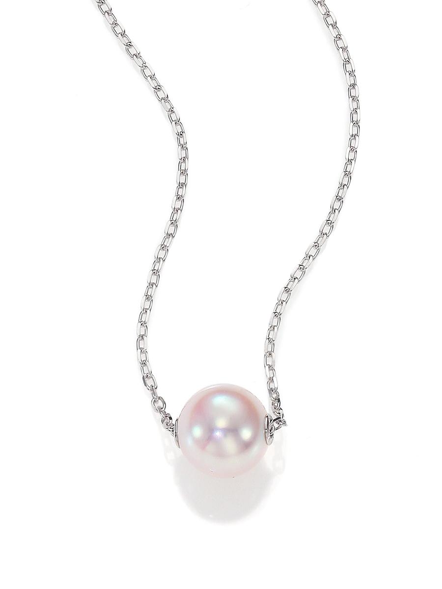 Womens 8MM White Cultured Akoya Pearl & 18K White Gold Pendant Necklace Product Image