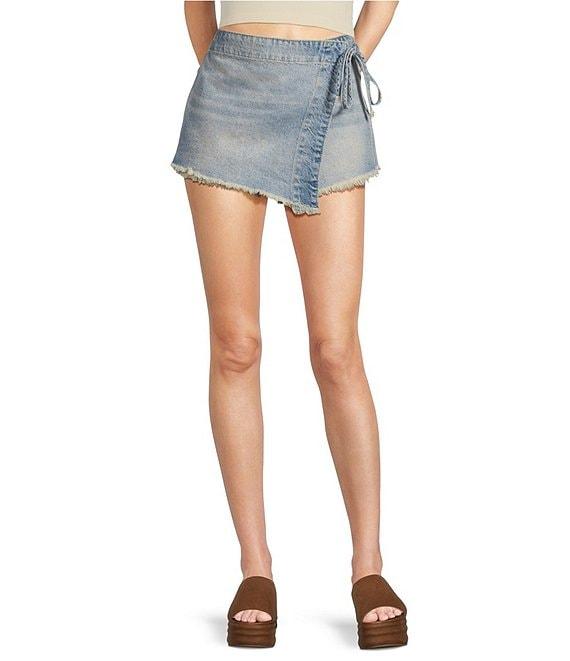 Free People Emmy Denim High Waisted Asymmetric Raw Hem Tie Side Mini Skort Product Image