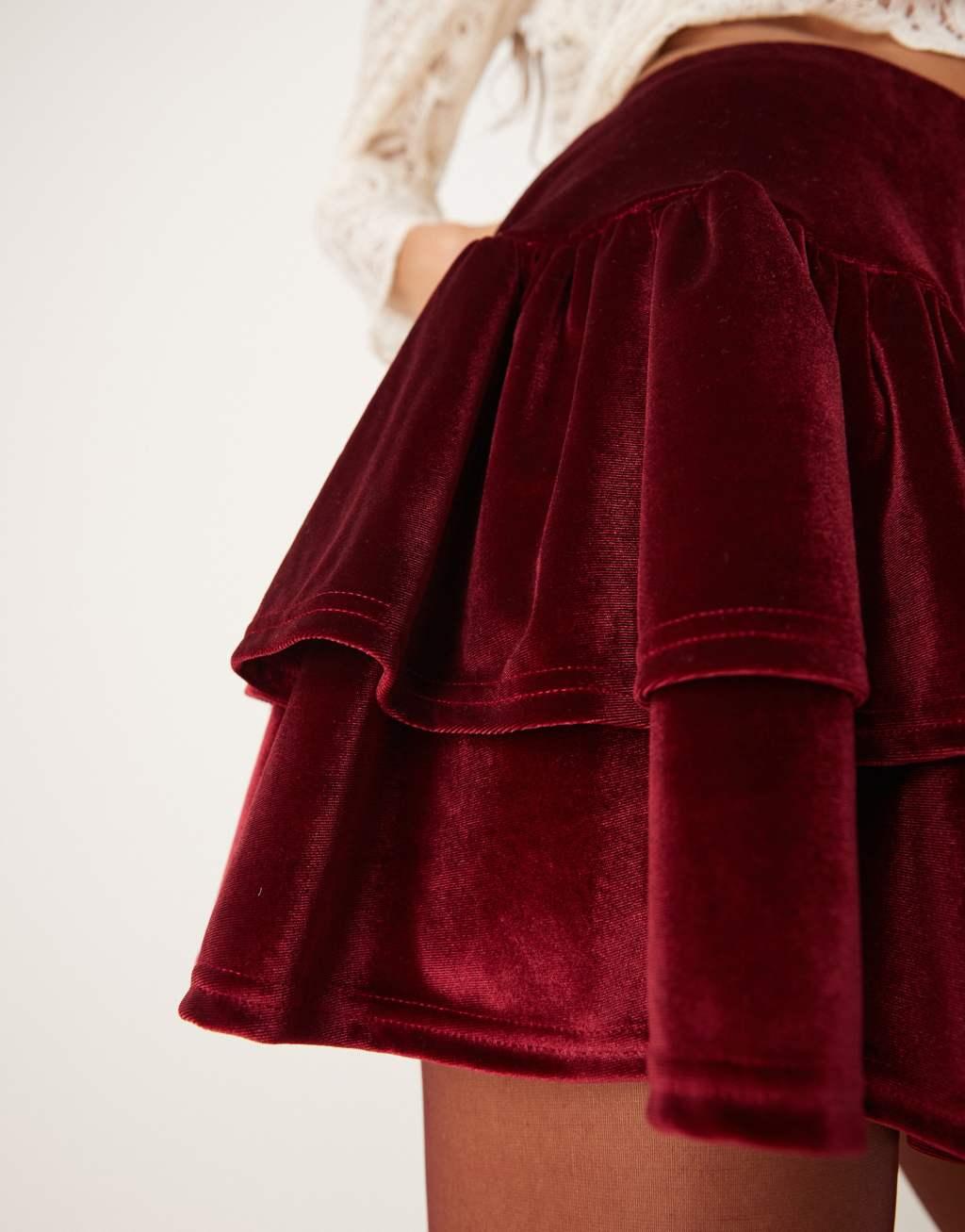 ASOS DESIGN velvet rara mini skirt in burgundy Product Image
