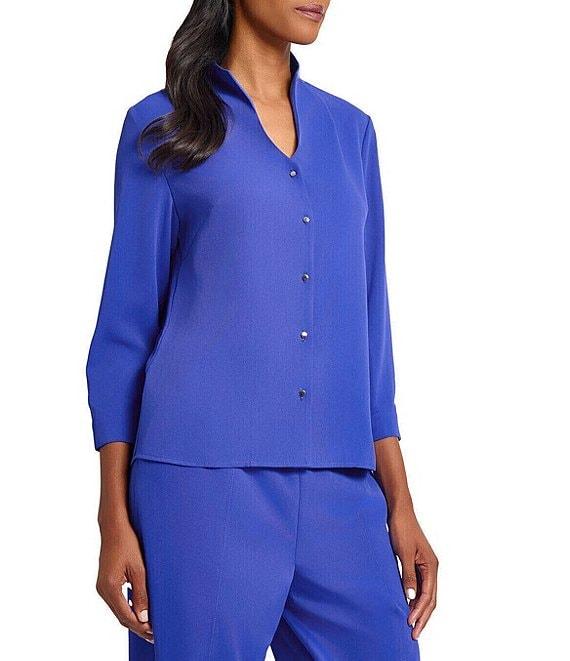 Ming Wang Crepe De Chine Collar V-Neck 3/4 Sleeve Button Front Blouse Product Image