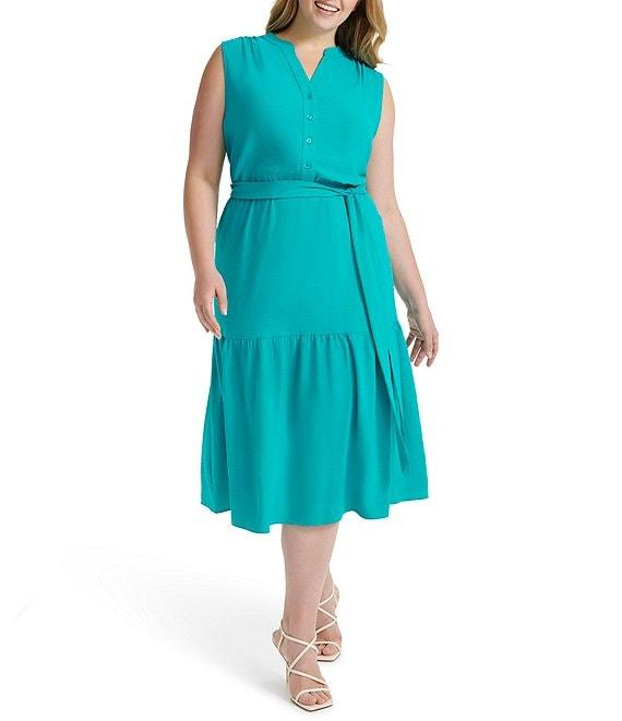 Donna Karan Plus Size V-Neck Button Front Midi Dress Product Image