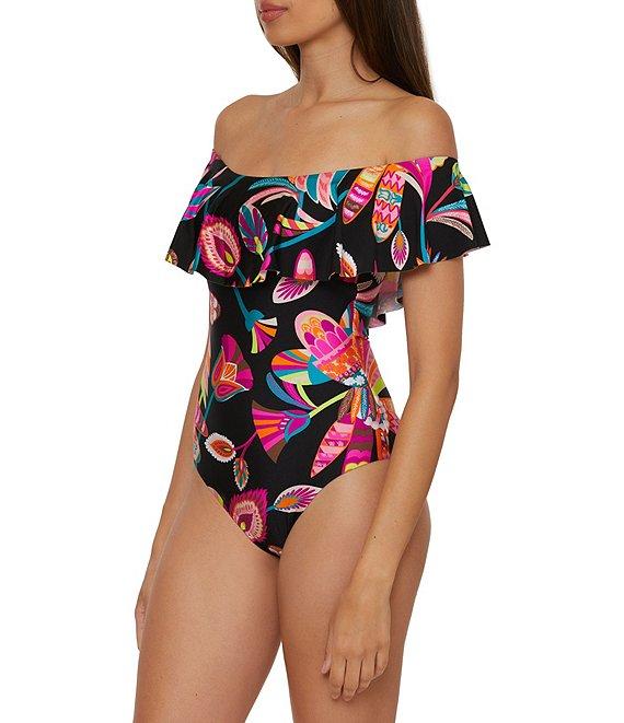 Trina Turk Luminary Printed Off The Shoulder Ruffle Bandeau One Piece Swimsuit Product Image