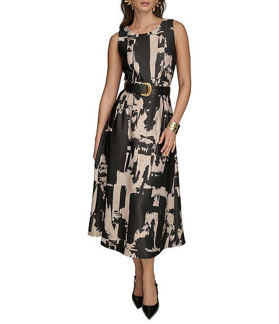 Donna Karan Abstract Print Crew Neck Sleeveless Belted Scuba A-Line Midi Dress Product Image
