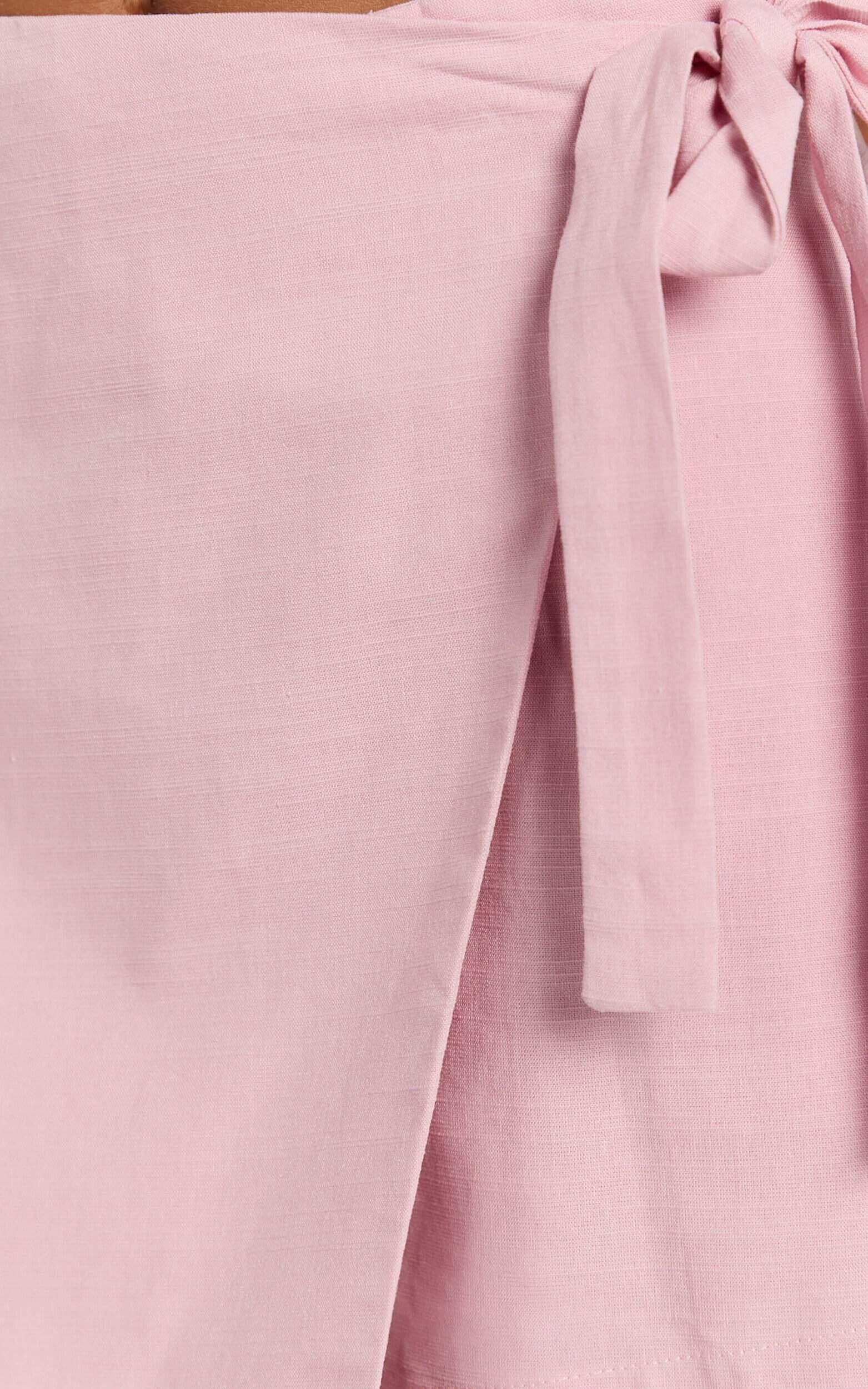 Polina Two Piece Set - Linen Square Neck Crop Top and Tie Waist Skort Set in Pale Pink Product Image