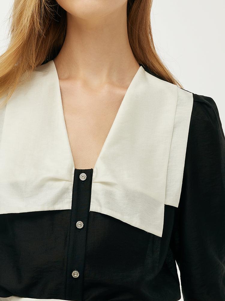Tencel Patchwork Lapel Women Shirt Product Image