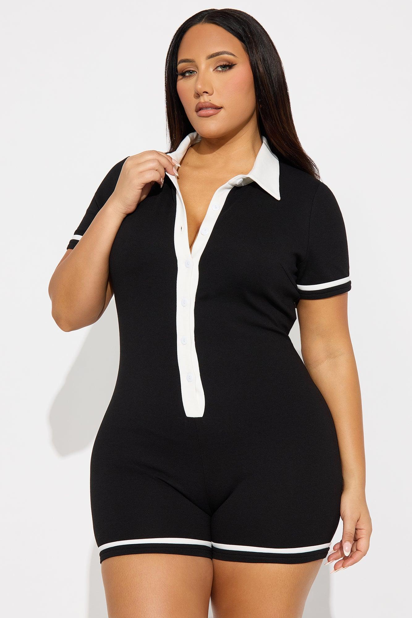 Get Together Ribbed Collar Romper - Black/White Female Product Image