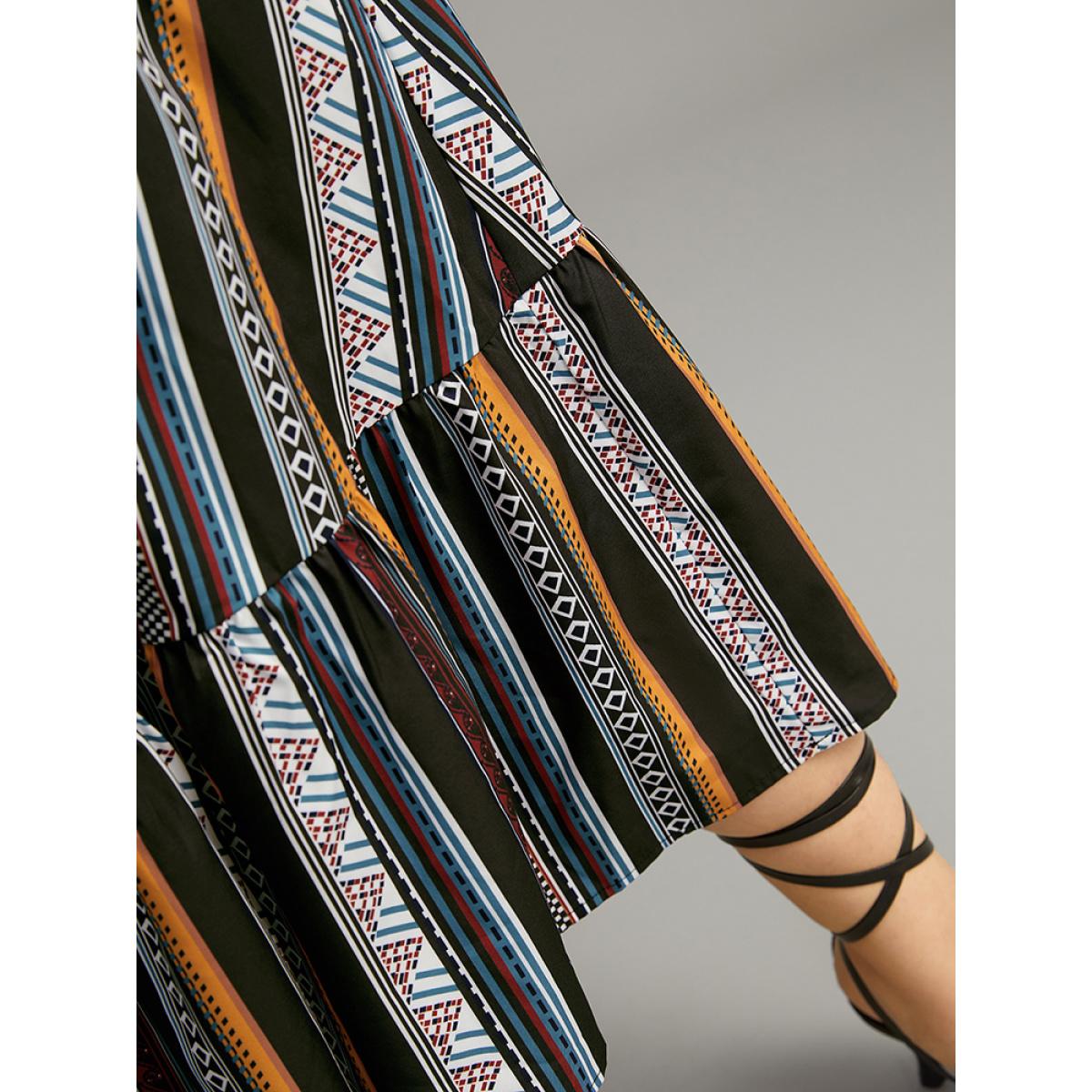 Plus Size Bandana Print Notched Ruffle Layered Hem Dress Black Women Resort Elastic cuffs Notched collar Long Sleeve Curvy Midi Dress BloomChic 26/4X Product Image