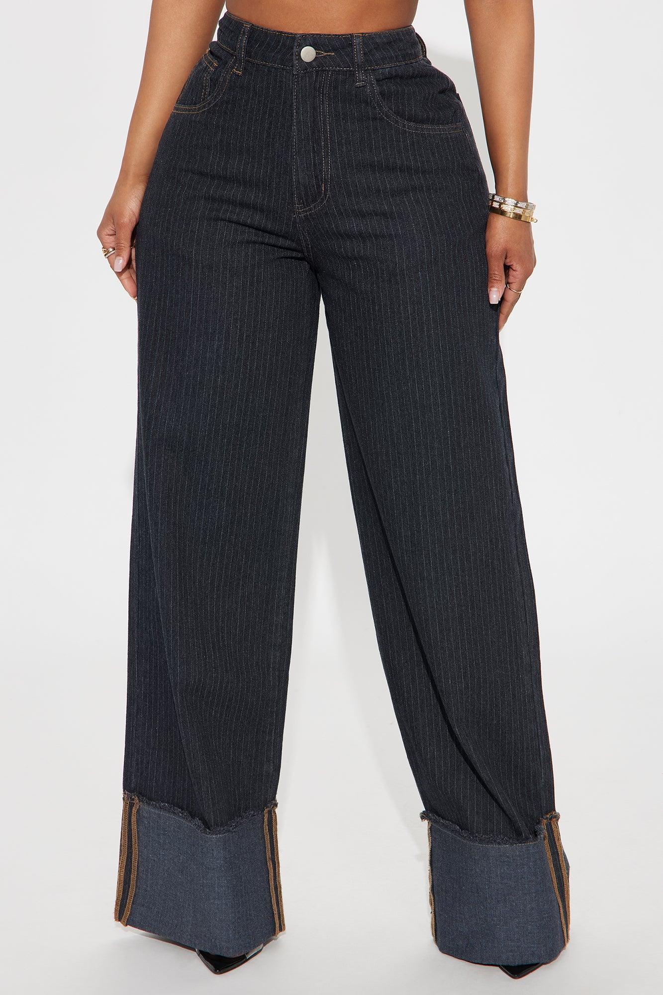 Nour Pinstripe Cuffed Straight Leg Jeans - Dark Wash Product Image