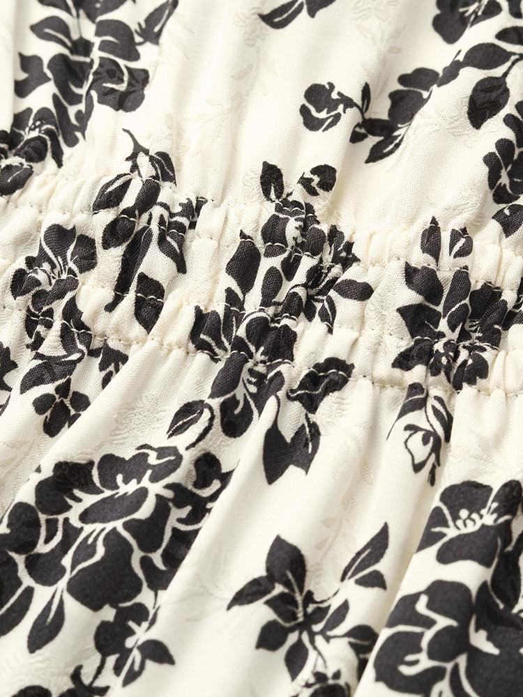 Camellia Print Gathered Waist Women Midi Dress Product Image