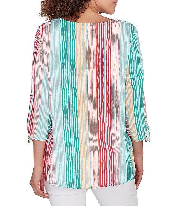 Ruby Rd. Woven Metallic Wavy Stripe Embroidered Split V-Neck 3/4 Sleeve Top Product Image
