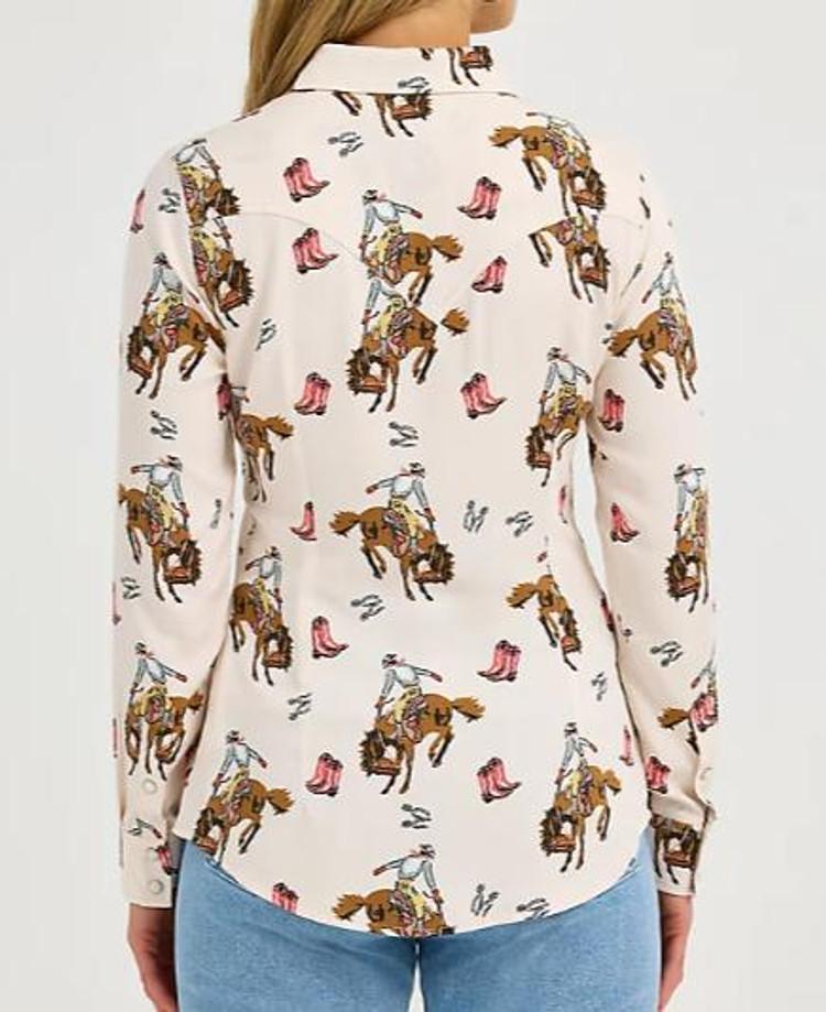 Wrangler® Ladies' L/S Cream Bucking Cowboy Print Snap Shirt Product Image