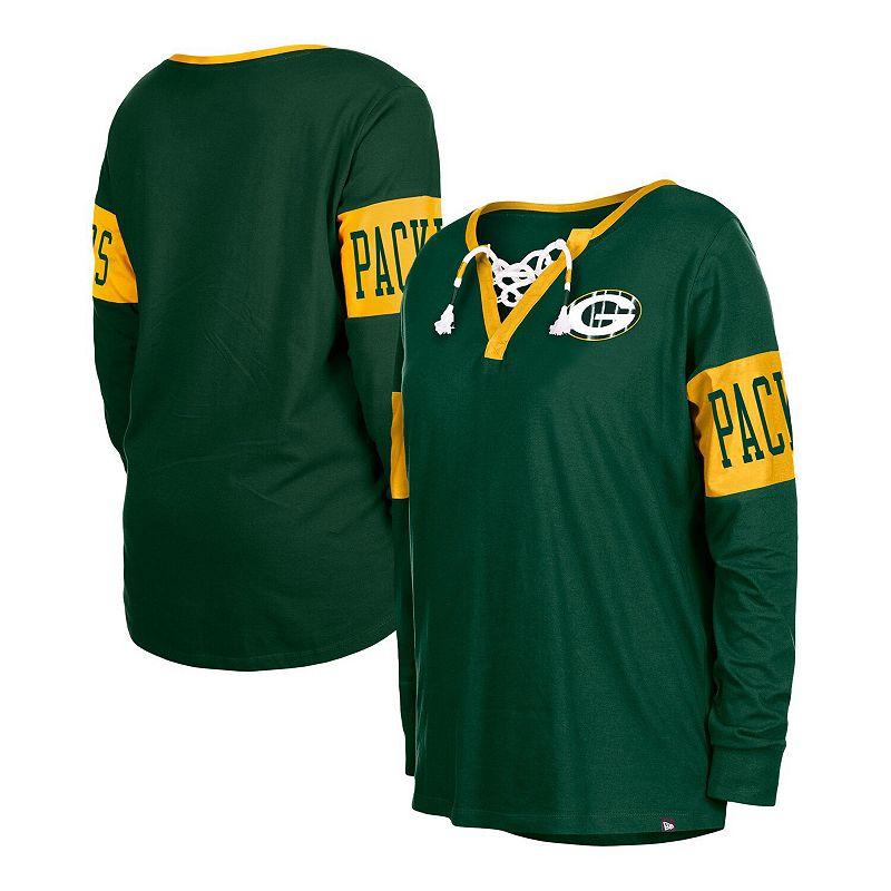 Women's New Era Green Green Bay Packers Lace-Up Notch Neck Long Sleeve T-Shirt,  Product Image
