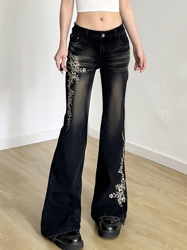 American Vintage Rose Embroidery Flare Jeans Product Image