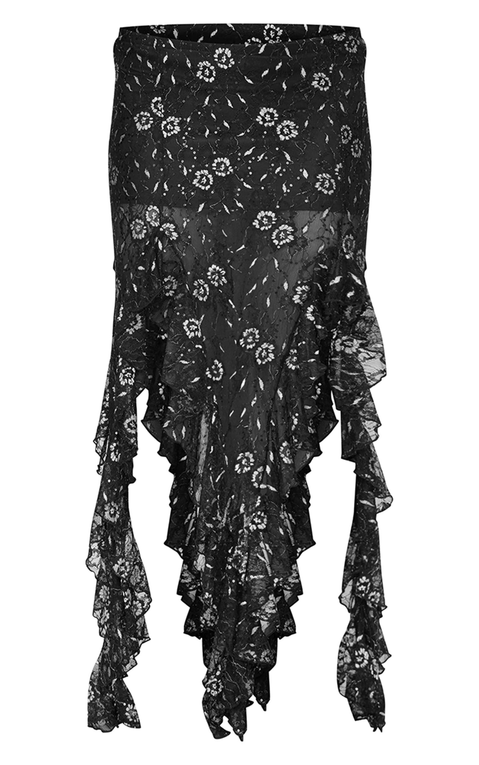 Black Sequin Lace Drape Detail Maxi Skirt Product Image