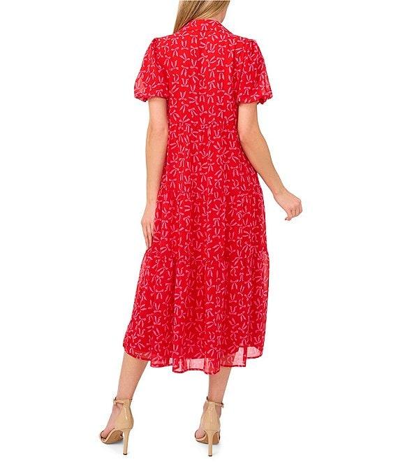 CeCe Gauze Chiffon Bow Print Point Collar Short Sleeve Tiered Midi Dress Product Image