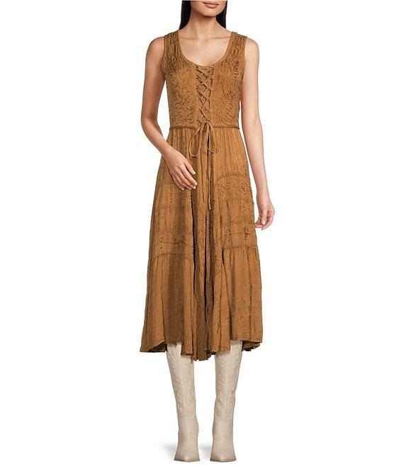 Scully Sleeveless Lace-Up Embroidered Floral Jacquard Tie Waist Midi Dress Product Image