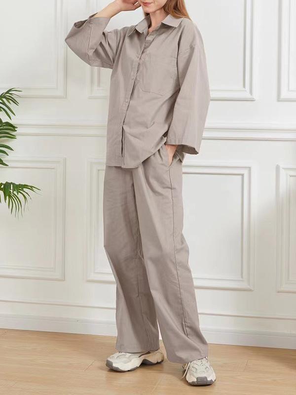 Loose Solid Color Split-Joint Long Sleeves Lapel Blouse + Pants Two Pieces Set Product Image