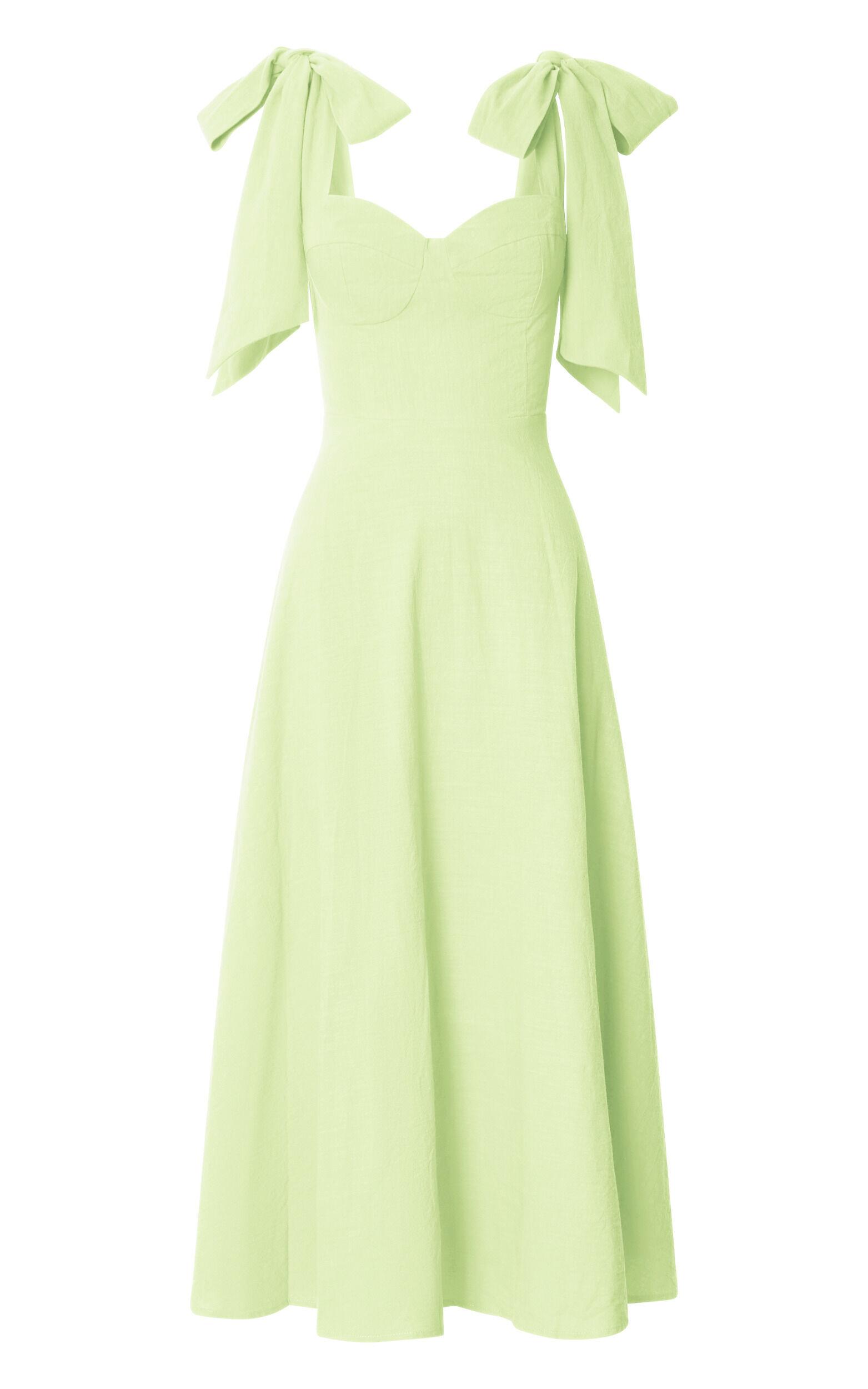 Tymia Midi Dress - Shoulder Tie Bustier Shirred Back A Line in Celery Product Image
