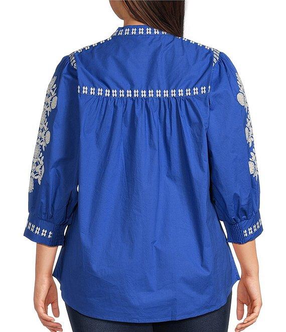 Calessa Plus Size Woven Embroidered Split V-Neck 3/4 Sleeve Button-Front Tunic Product Image