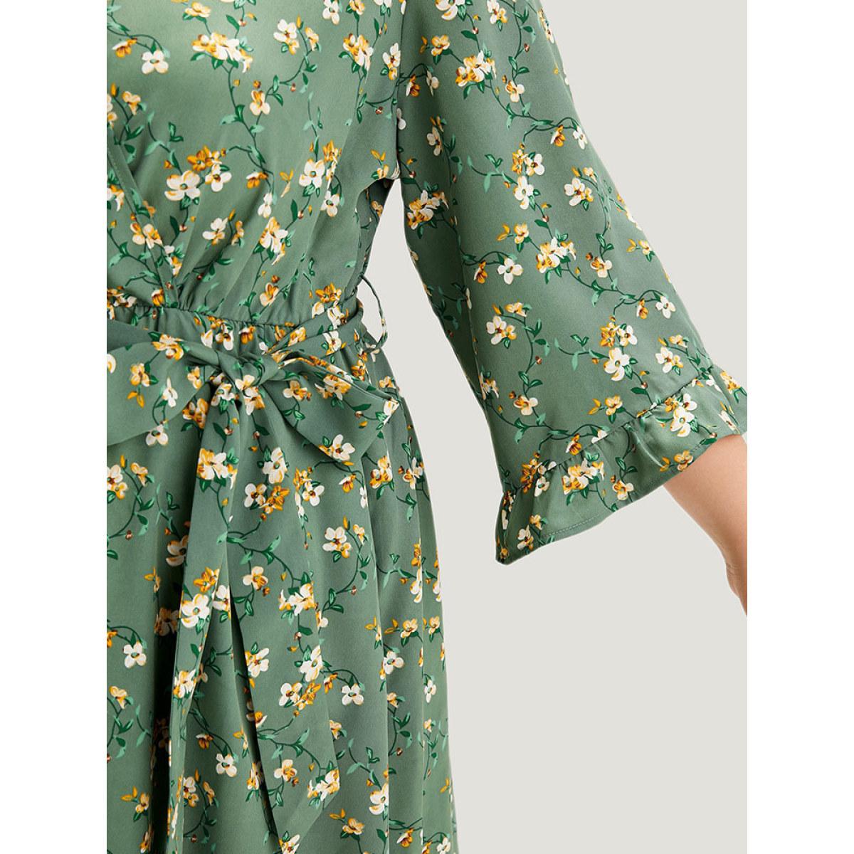 Plus Size Floral Print Surplice Neck Flutter Trim Dress Green Women Elegant Printed V-neck Elbow-length sleeve Curvy Midi Dress BloomChic 30/6X Product Image