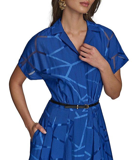 Donna Karan Burnout Notch Collar Short Sleeve Belted Button Front Midi Dress Product Image