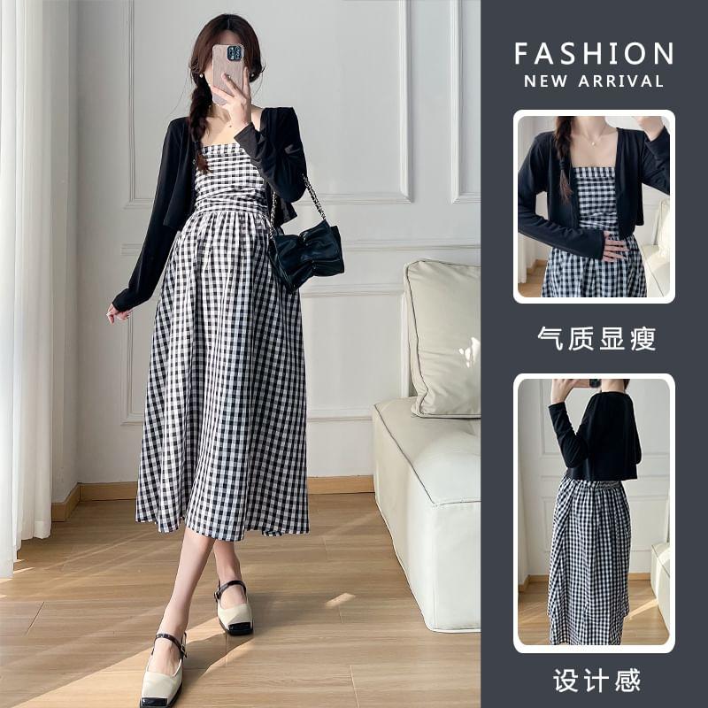 Maternity Strapless Plaid Midi A-Line Dress / Plain Cardigan / Set Product Image