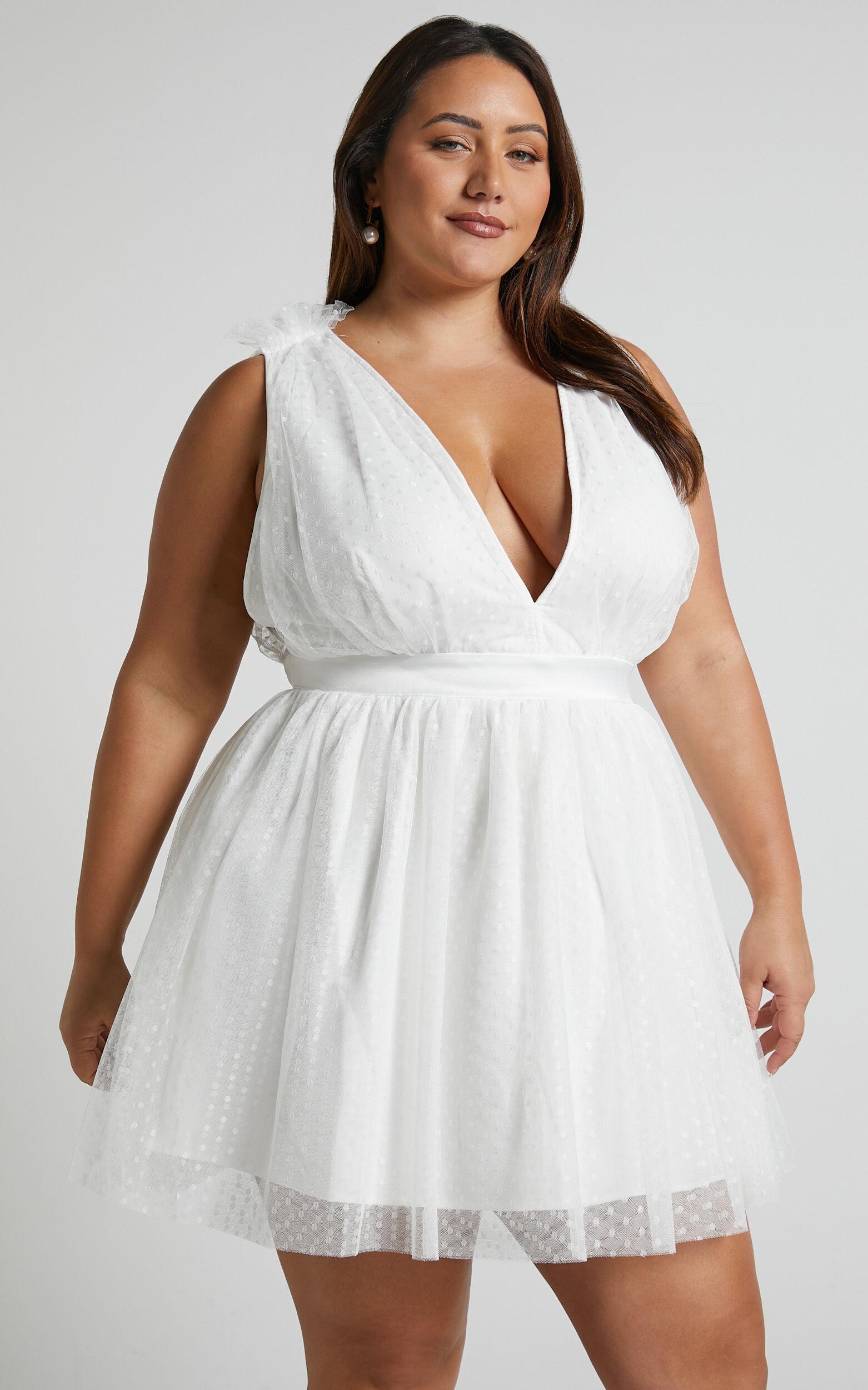Mariabella Mini Dress - Tulle Plunge Dress in White Product Image