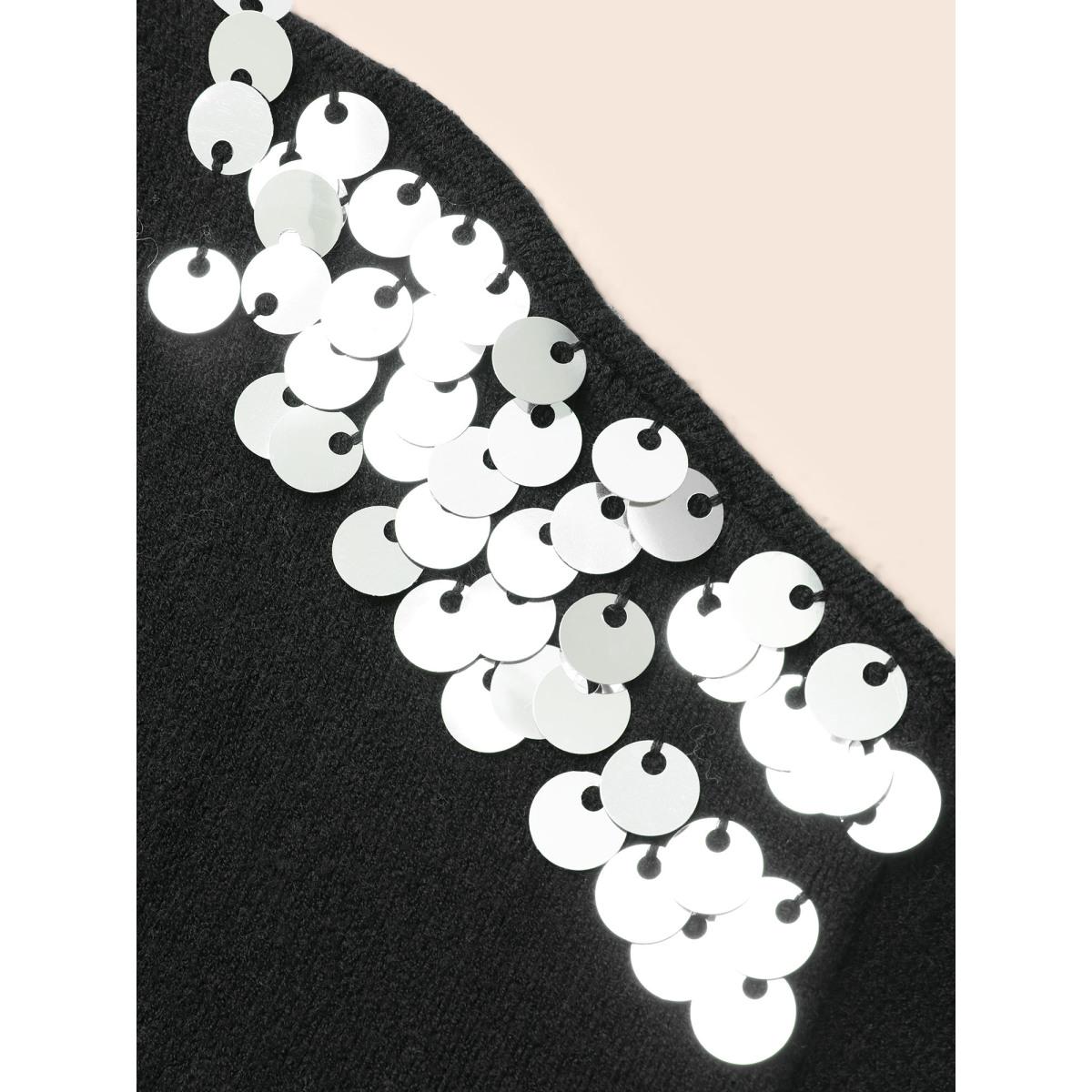 Plus Size Supersoft Essentials Silver Sequins Shoulder Open Cardigan Black Women Cocktail Loose Long Sleeve Party Cardigans BloomChic 28/5X Product Image