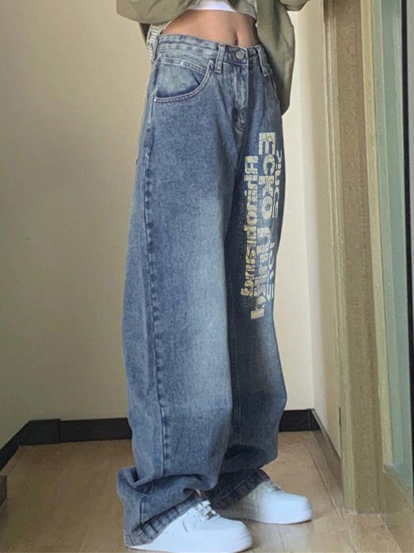 Washed Letter Print High Waist Boyfriend Jeans Product Image