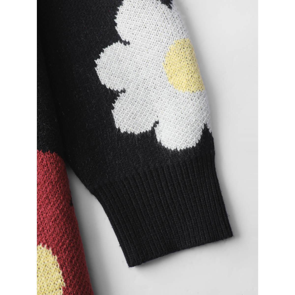 Plus Size Flower Pattern Jacquard Crew Neck Pullover Black Women Playful Loose Long Sleeve Round Neck Casual Pullovers BloomChic 28/5X Product Image