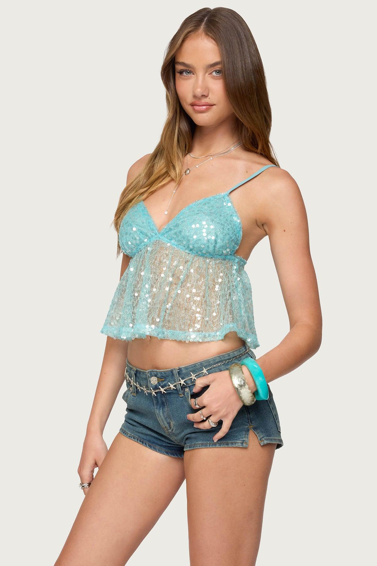 Sheer Sequin Babydoll Tank Top Product Image