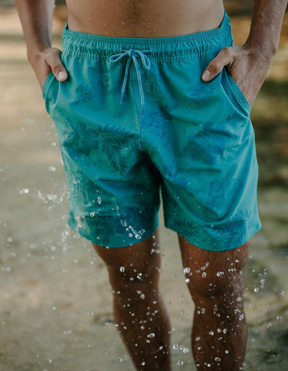 BLUE CROWN Beachy Hibiscus Color Changing Mens 7" Swim Shorts - TEAL GREEN Product Image