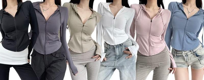 Plain Drawstring Hooded Zip Jacket Product Image