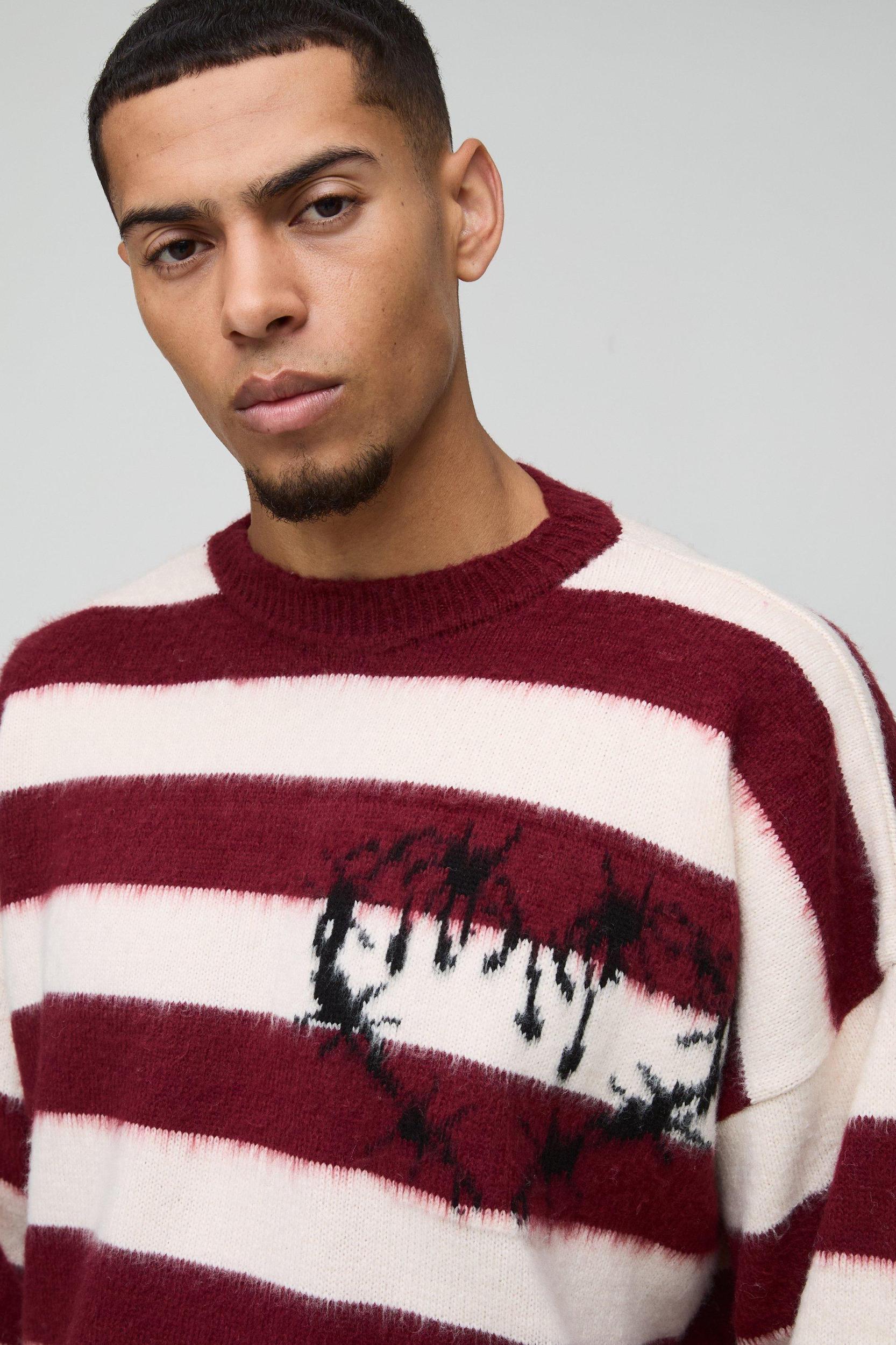 Boxy Brushed Stripe Print Knitted Sweater | boohooMAN USA Product Image