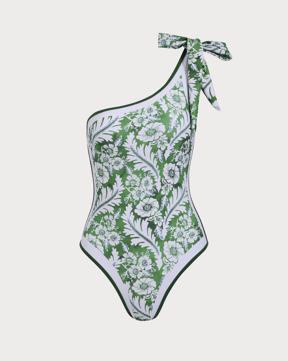 Green Contrast Flower Print One Piece Swimsuit Product Image