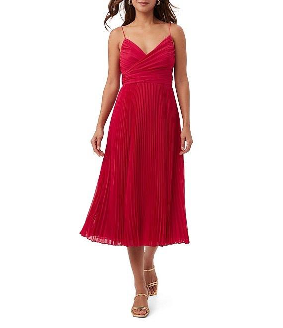 Trina Turk Natalie Georgette Pleated V-Neck Sleeveless A-Line Dress Product Image