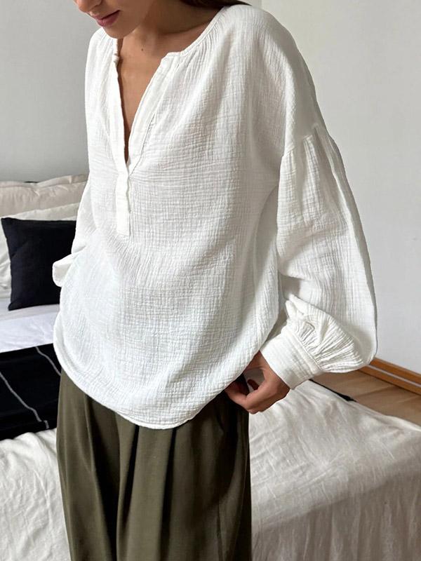 Loose Puff Sleeves Pleated Solid Color Split-Joint V-Neck Blouses&Shirts Tops Product Image