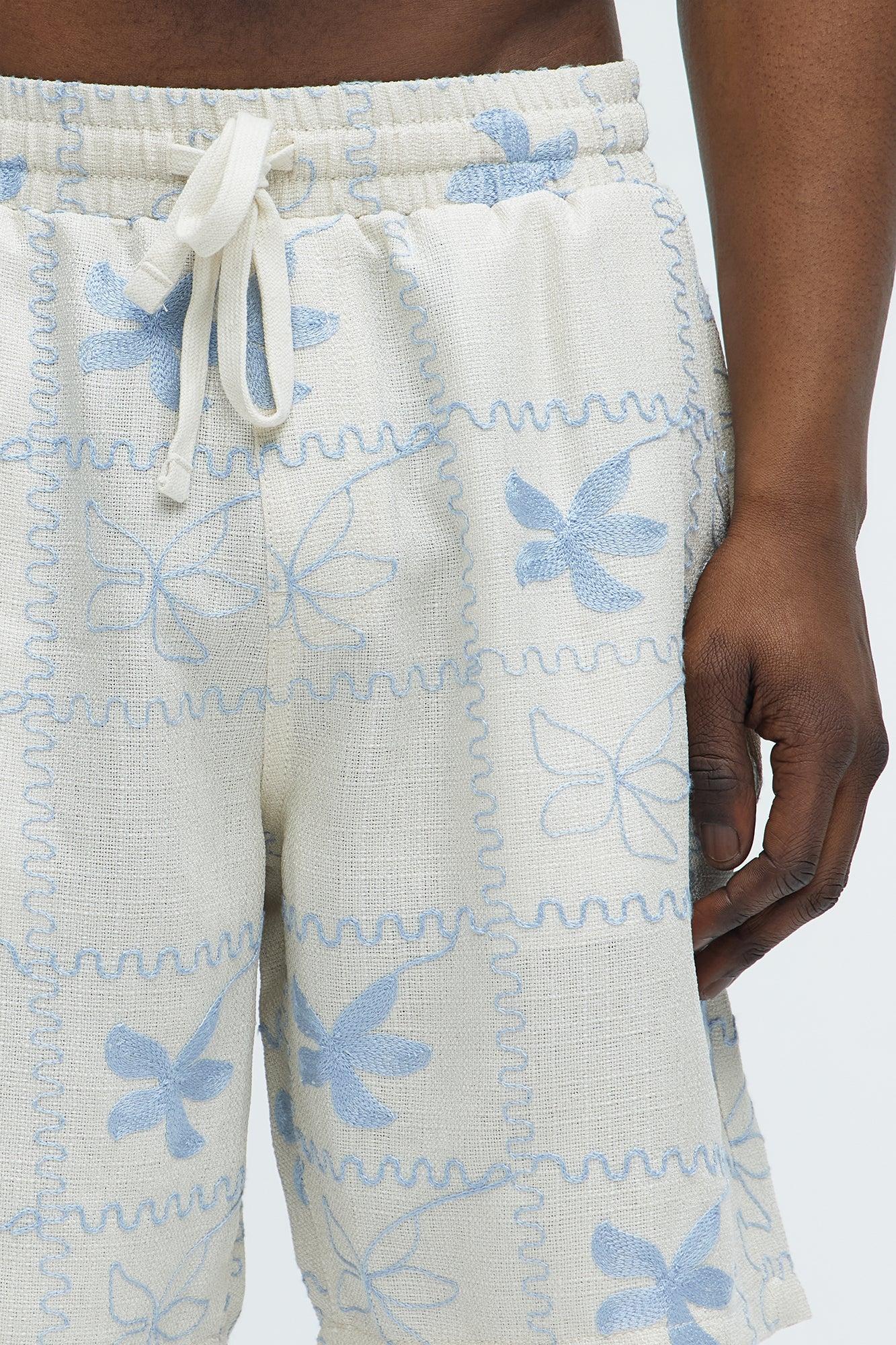 Embroidered Flowers Relaxed Shorts - Off White/combo Product Image