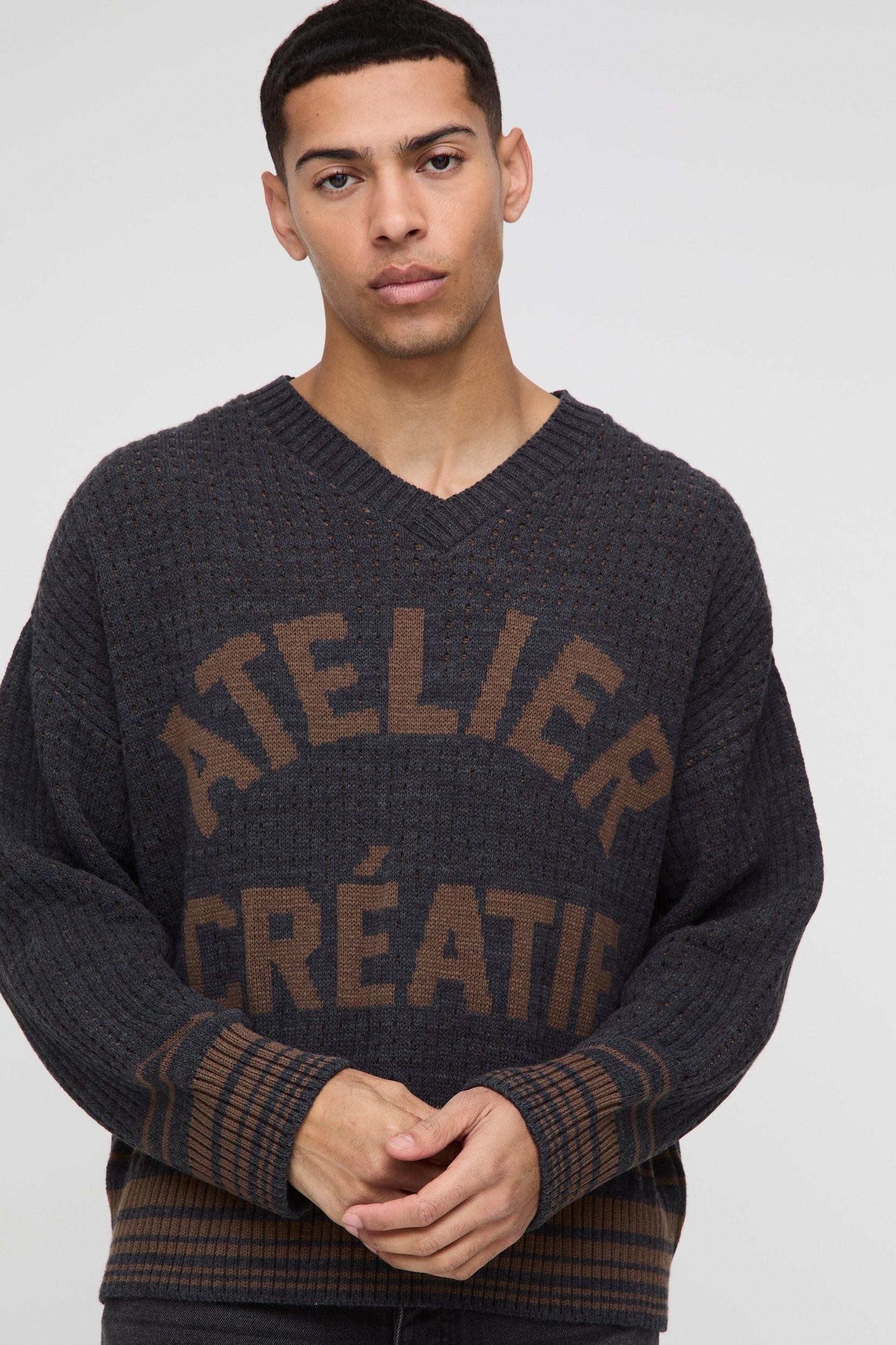 Oversized Boxy V Neck Slogan Stripe Rib Knitted Sweater | boohooMAN USA Product Image