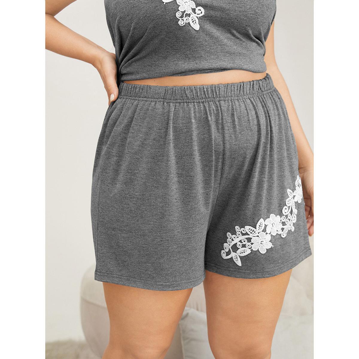Plus Size Solid Guipure Lace Pocket Sleep Shorts Women DimGray Elegant Plain Lace Shoulderless Pocket Loungewear BloomChic 14-16/1X Product Image